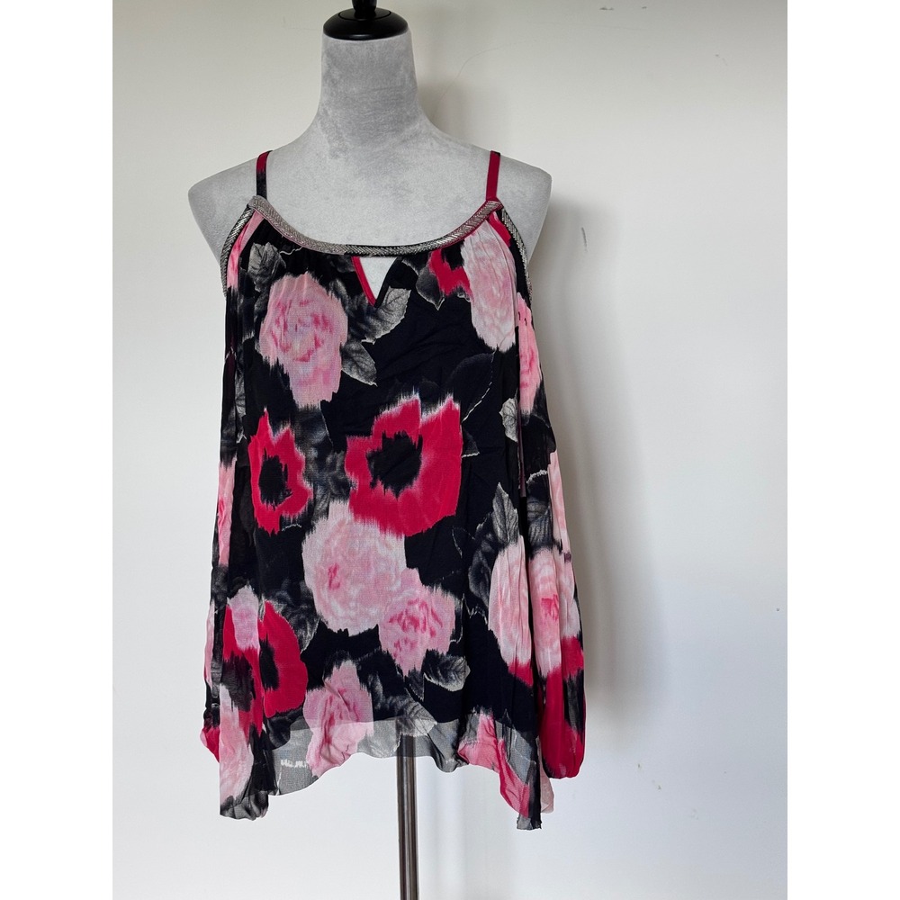 INC International Concepts Jazz Age Floral Cold Shoulder Mesh Top Pink Black M